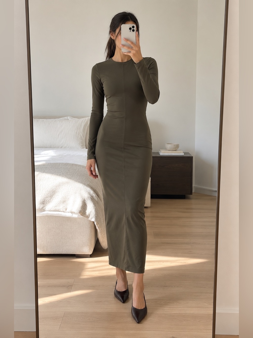 Zara Khaki Olive Long Sleeve Fitted Maxi Dress Size S NWT